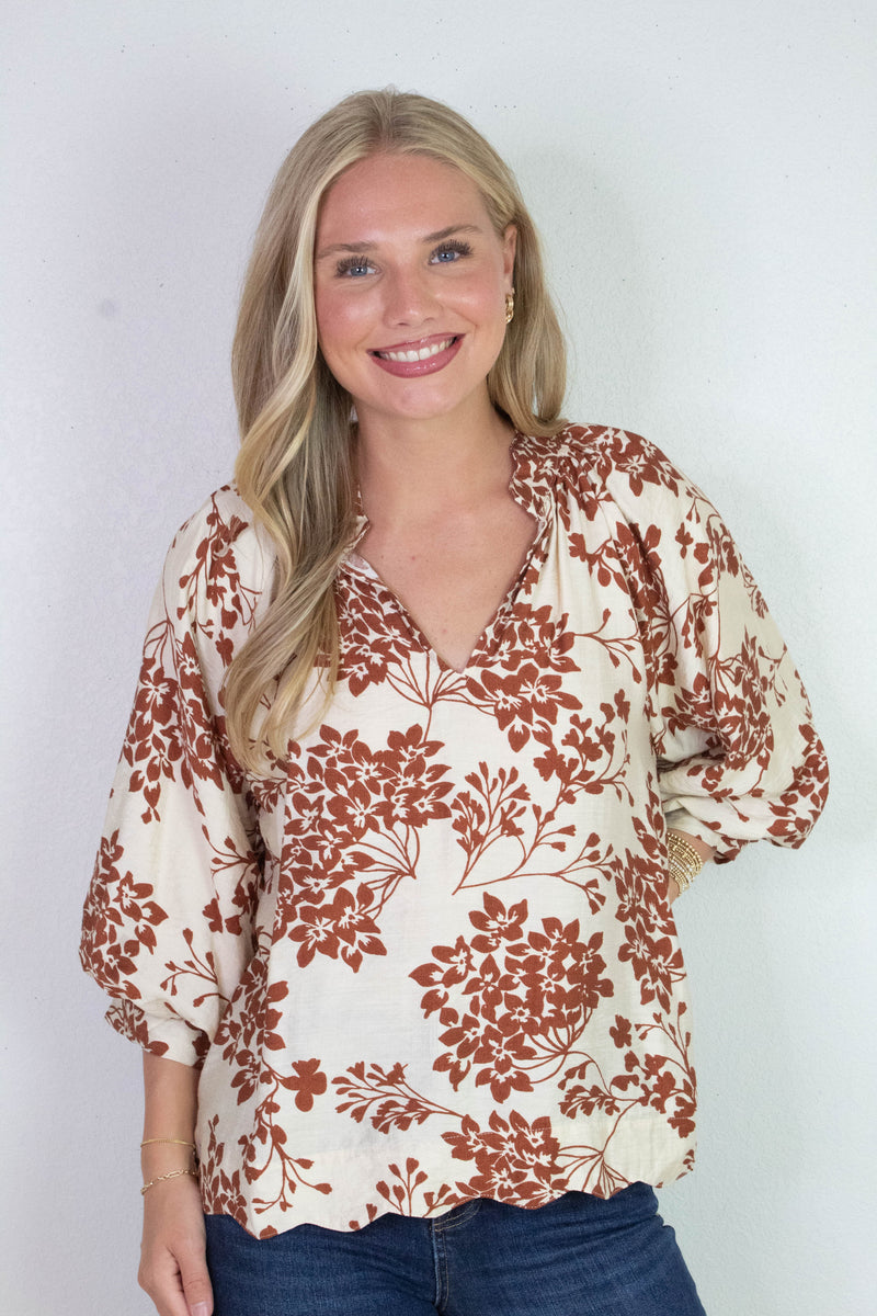 Zorina Cherry Blossom Print Blouse, Caramel