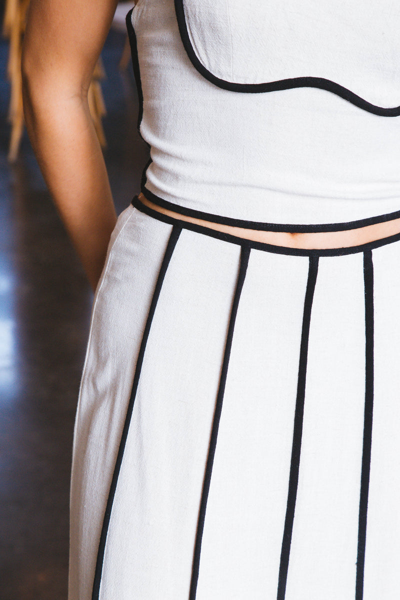 Evie Linen Contrast Piping Skirt, Natural