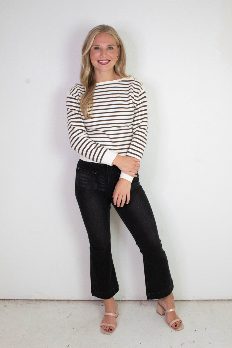 Eloise Buttoned Shoulder Sweater, Cream/Brown