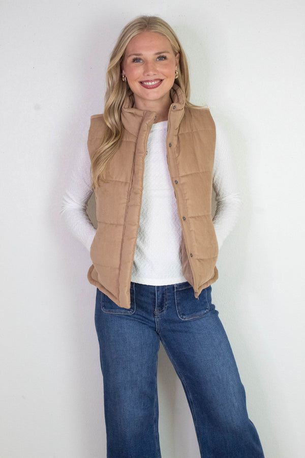Isabelle Suede Puffer Vest, Camel