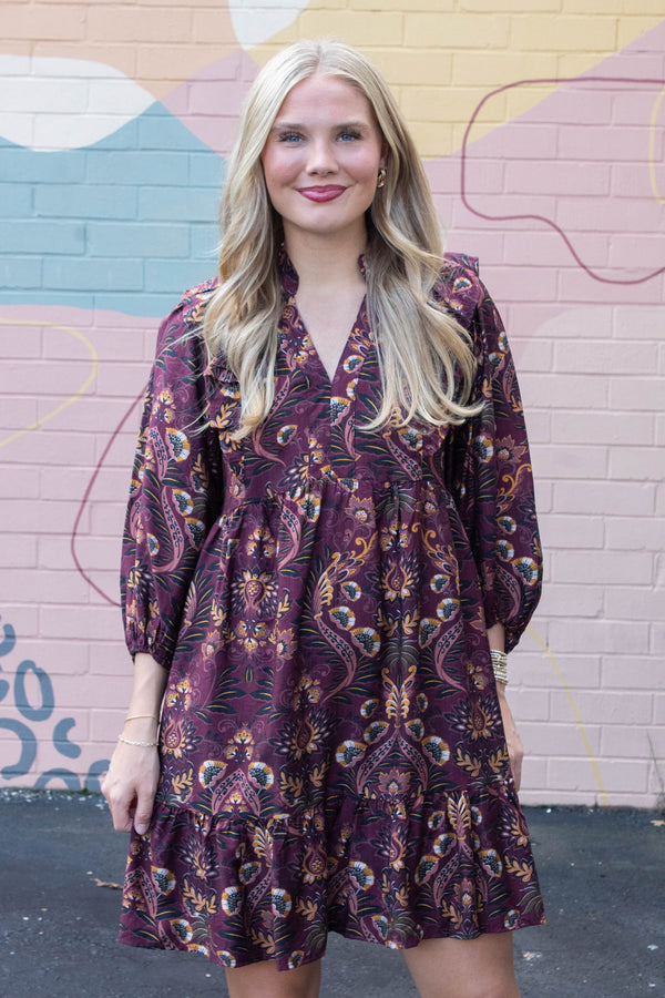 Kylie Printed Ruffle Detailed Dress, Wine Mix