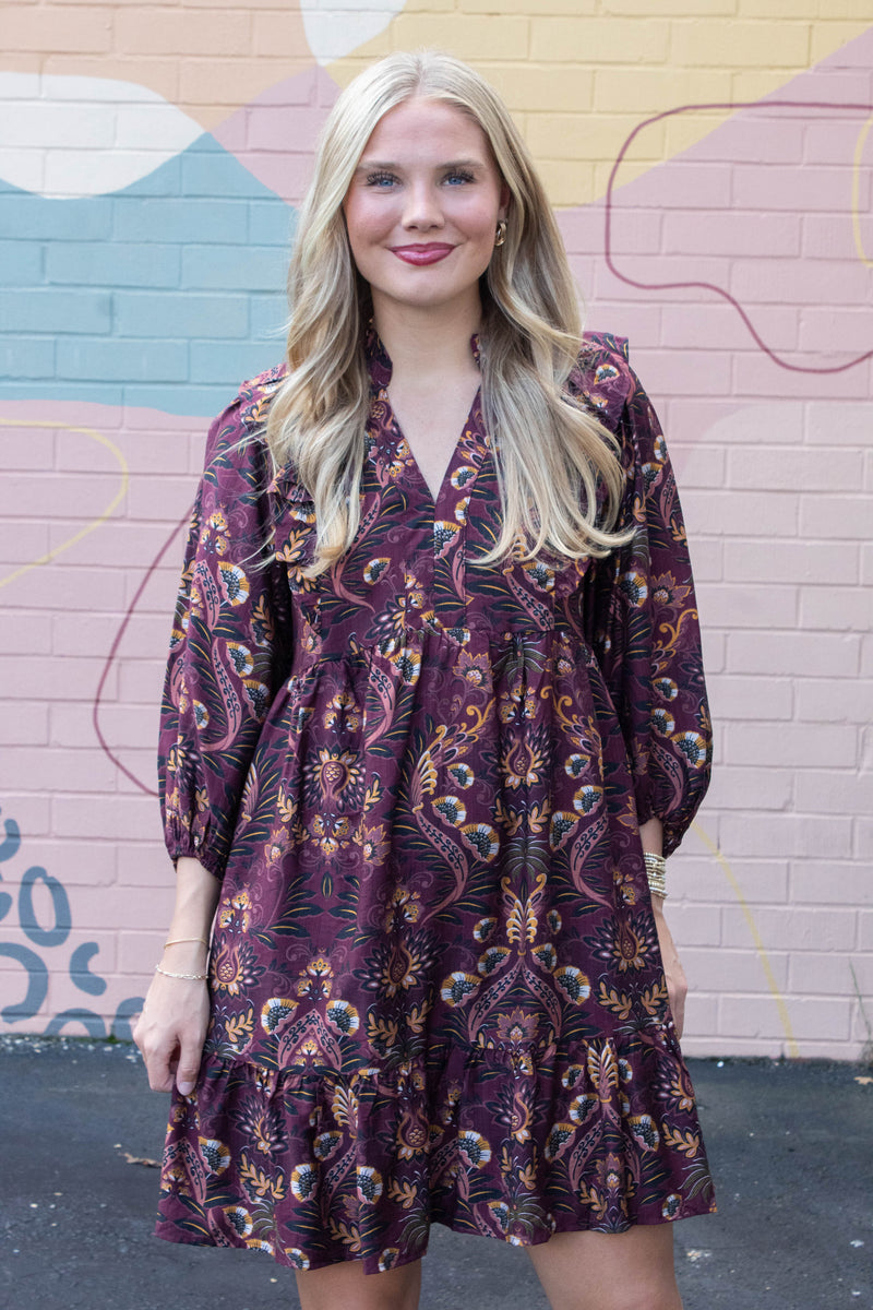 Kylie Printed Ruffle Detailed Dress, Wine Mix