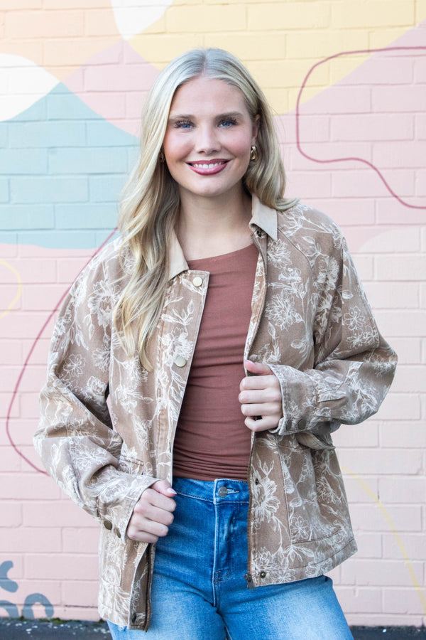 Angelica Corduroy Collared Floral Jacket, Light Brown