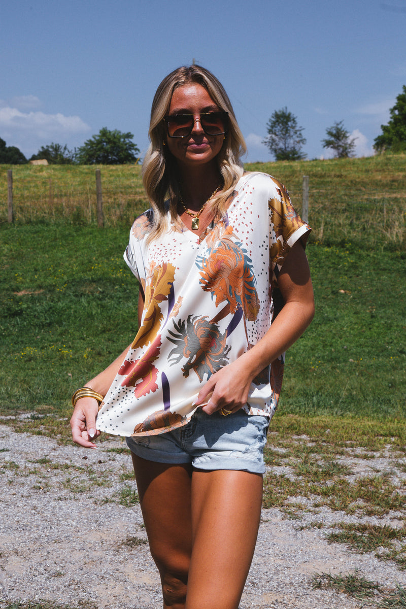 Serena Satin Floral Blouse, Cream