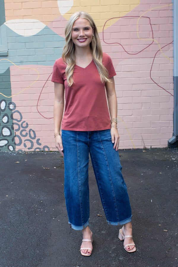 Tatum Cotton Jersey V-Neck Tee, Chili Oil
