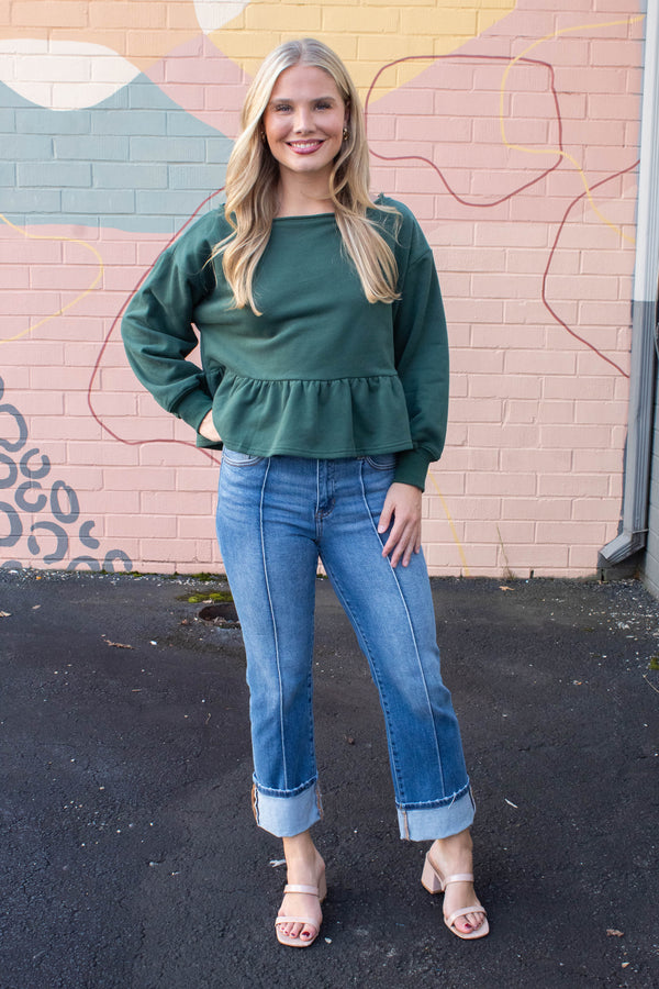 Arabella Peplum Hem Sweatshirt, Hunter Green