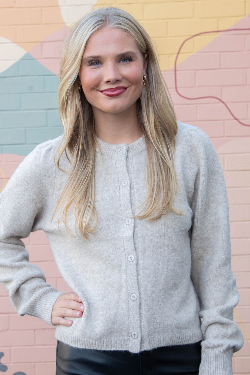 Parker Puff Sleeve Cardigan, Taupe