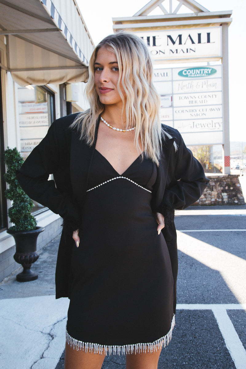 Before Midnight Rhinestone Sleeveless Mini Dress, Black