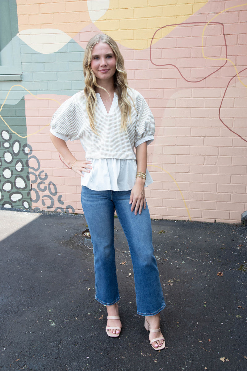 Kelsey Mix Media Check Textured Top, Oatmeal