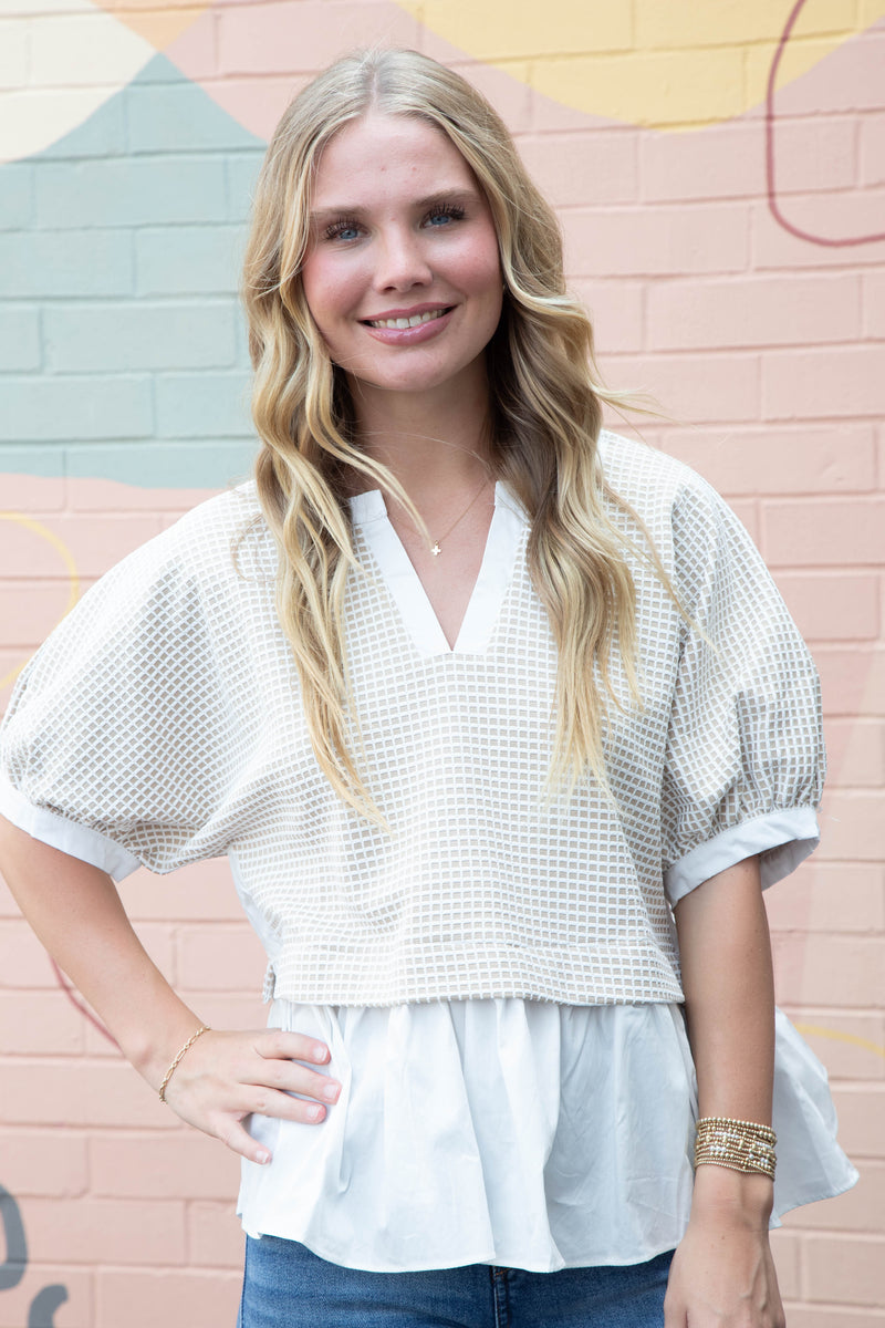 Kelsey Mix Media Check Textured Top, Oatmeal