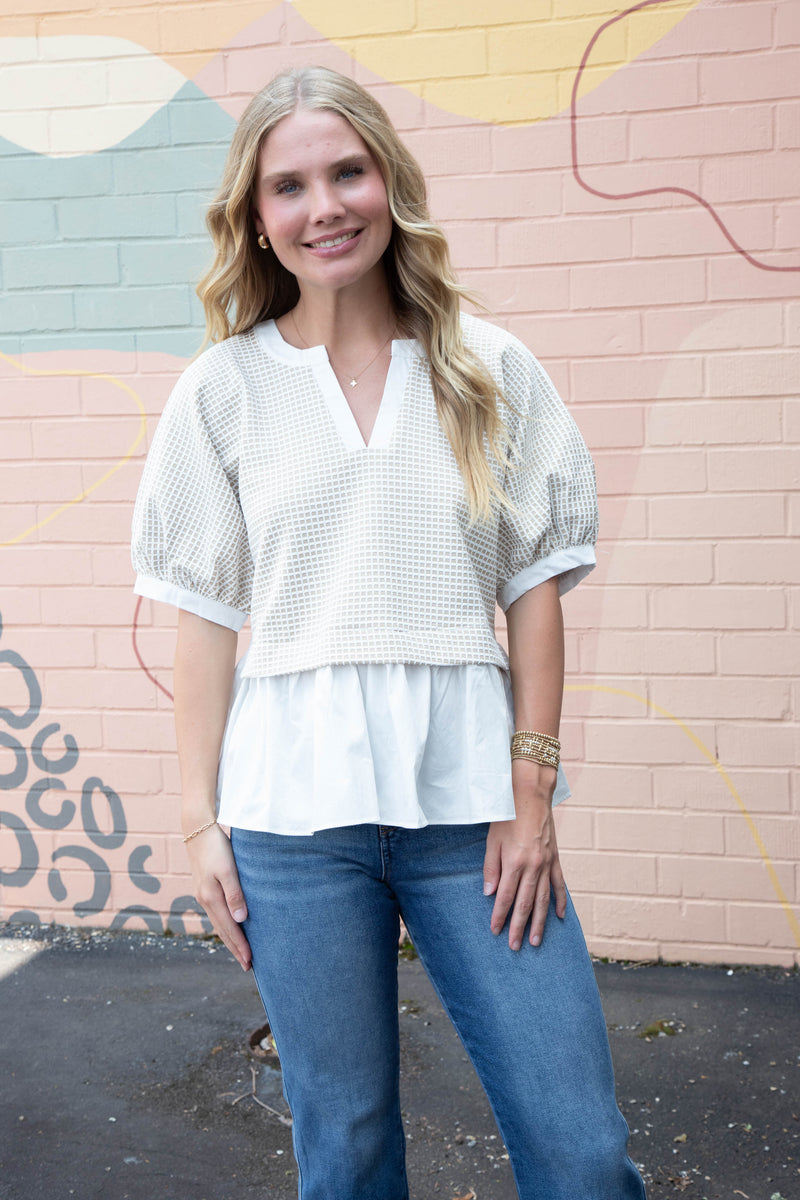Kelsey Mix Media Check Textured Top, Oatmeal
