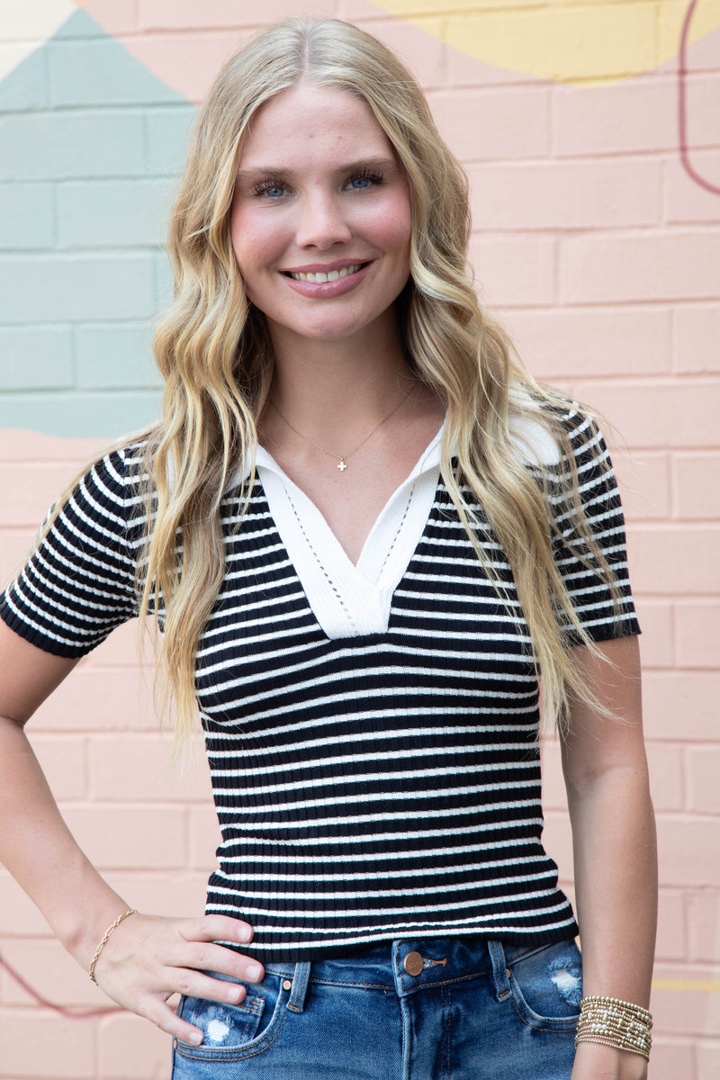 Anne Striped Split Neck Sweater Top, Black