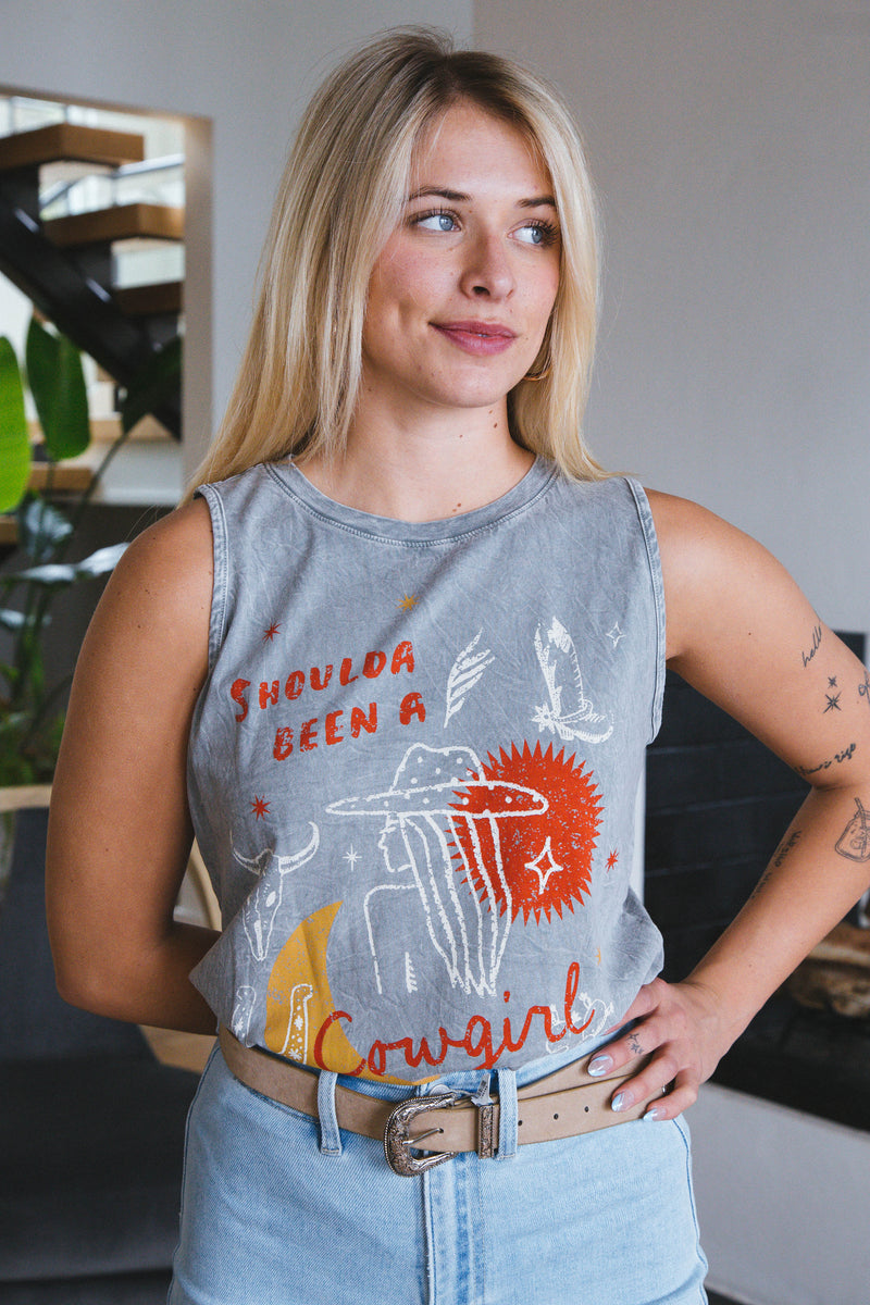 Shoulda Been a Cowgirl Graphic Tank, Mineral Gray