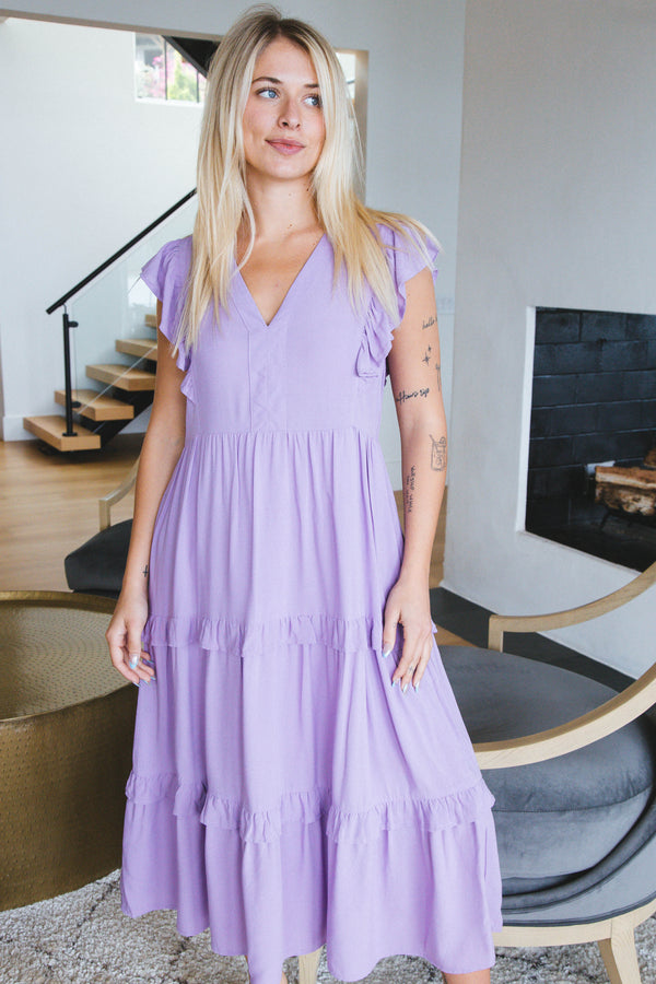 Penelope Ruffle Sleeve Midi Dress, Lavender