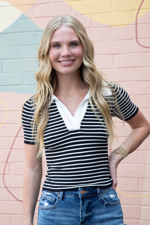 Anne Striped Split Neck Sweater Top, Black
