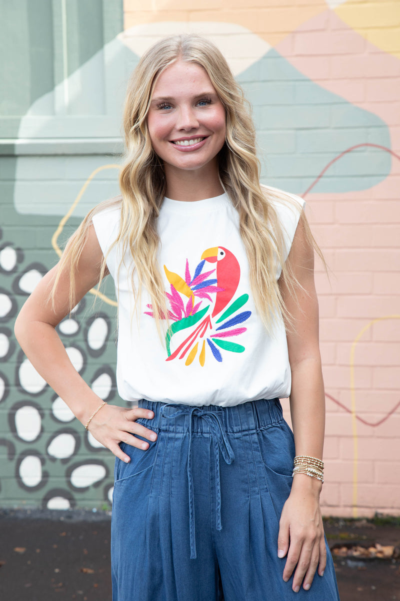 Lexi Abstract Bird Print Muscle Tee, Off White