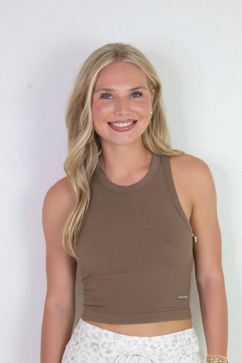 Mia High Neck Tank Bra, Latte | Cream Yoga