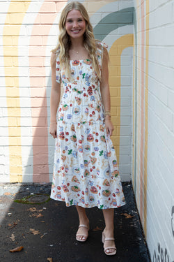 Allie Tea Time Tie Strap Midi Dress, Off White Multi