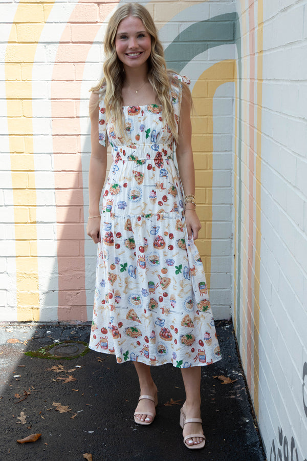Allie Tea Time Tie Strap Midi Dress, Off White Multi