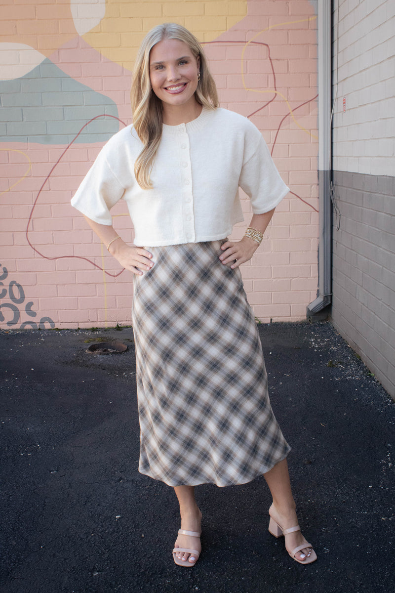Evangeline Tartan Plaid Flowy Midi Skirt, Charcoal
