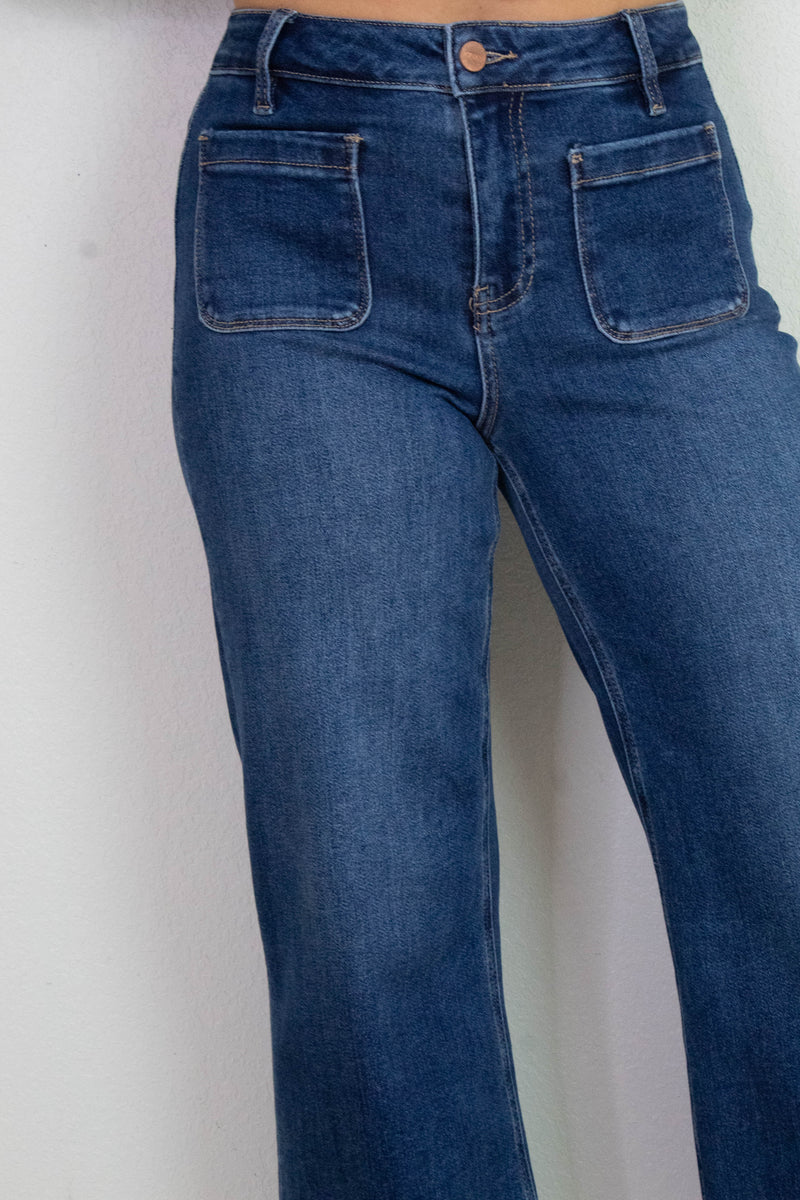 Kaia Crop Wide Leg Patch Pocket Jeans, Dark