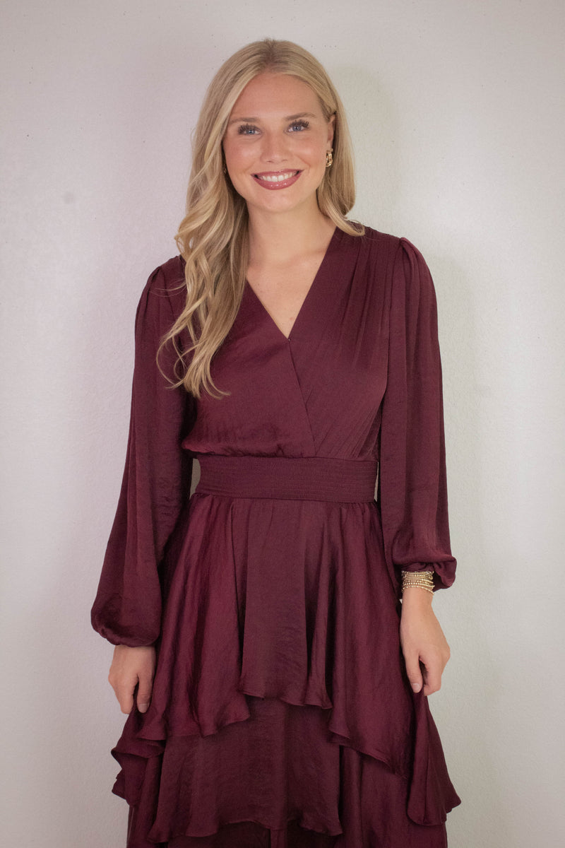 Bei Surplice V-Neck Midi Dress, Wine | Steve Madden