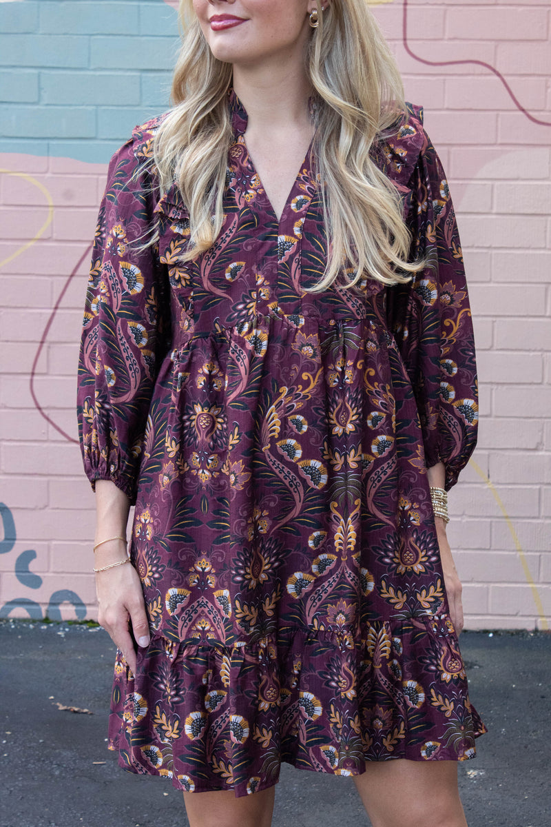 Kylie Printed Ruffle Detailed Dress, Wine Mix