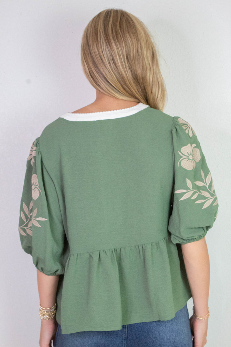 Bella Embroidered Peplum Blouse, Basil Green