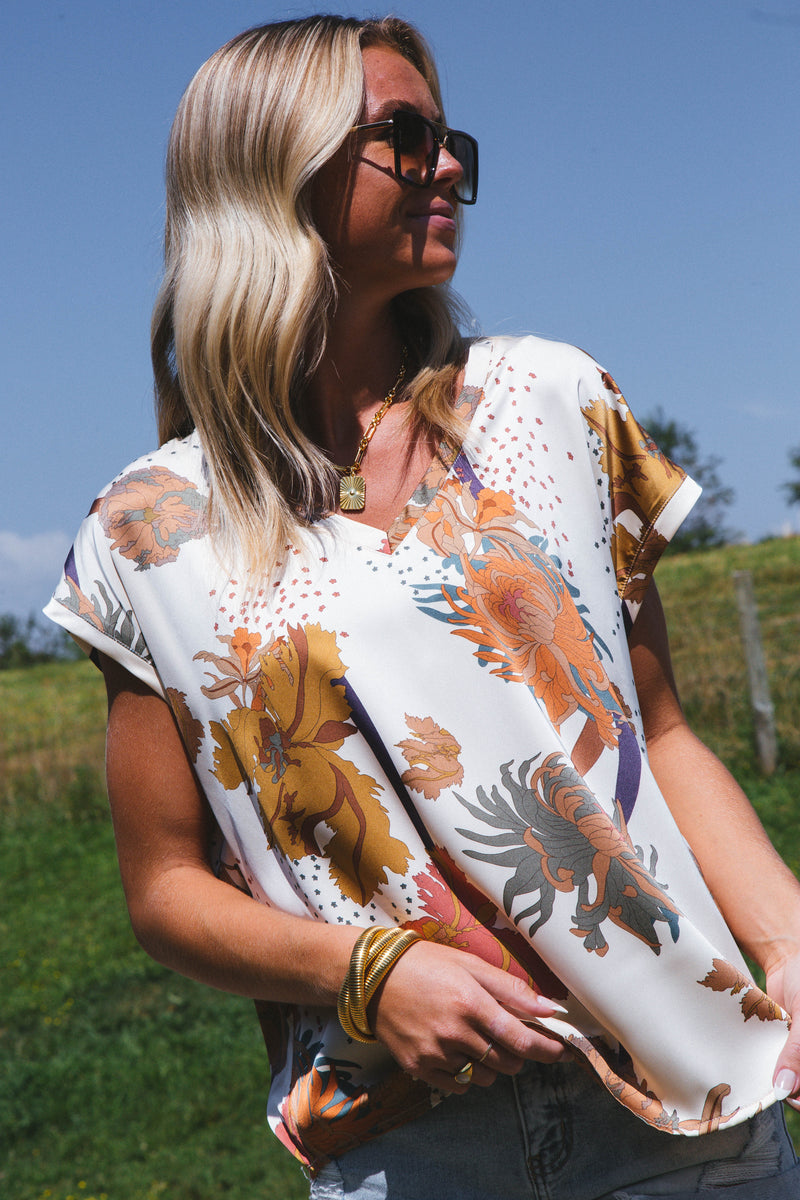 Serena Satin Floral Blouse, Cream