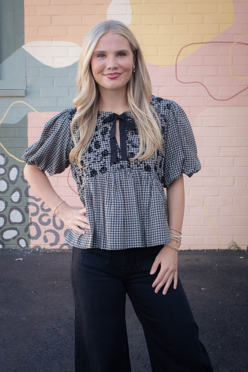Riley Gingham Bow Tie Babydoll Top, Black