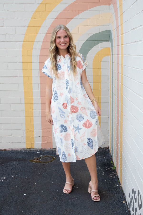 Seashells Duster Shirt Dress, White Multi | Sadie & Sage