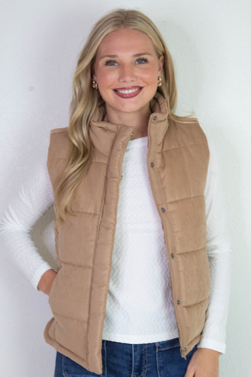 Isabelle Suede Puffer Vest, Camel