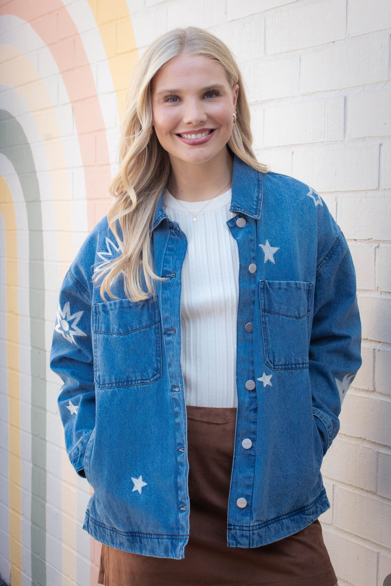 Harlow Star Embroidered Denim Jacket, Medium