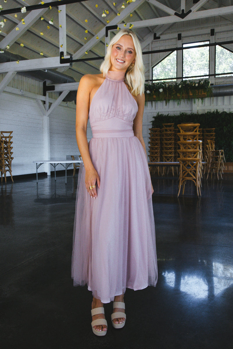 Pink Sunset Halter Tulle Midi Dress, Blush
