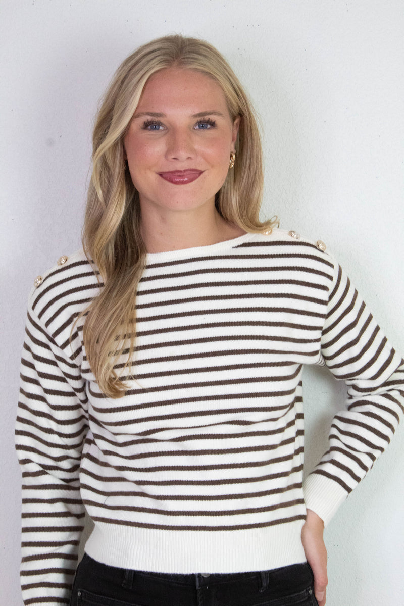 Eloise Buttoned Shoulder Sweater, Cream/Brown