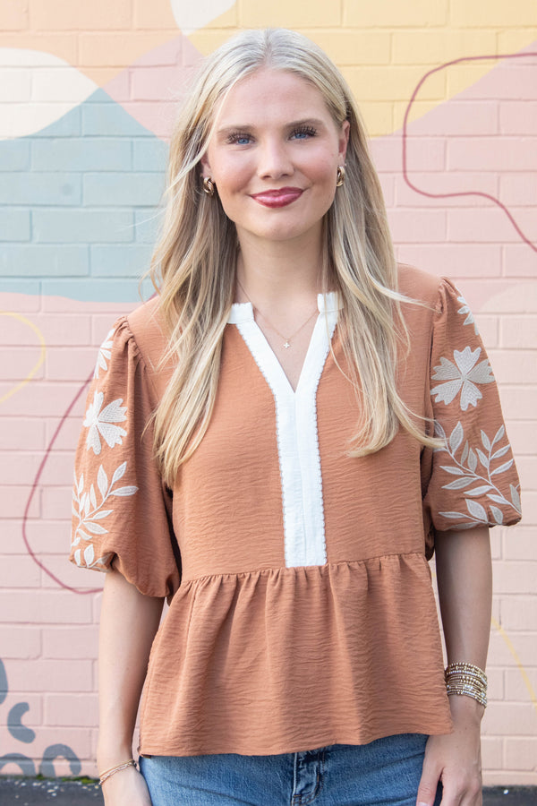 Bella Embroidered Peplum Blouse, Mocha