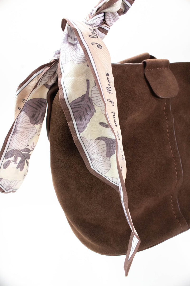 Margaret Small Suede Bucket Bag, Chocolate