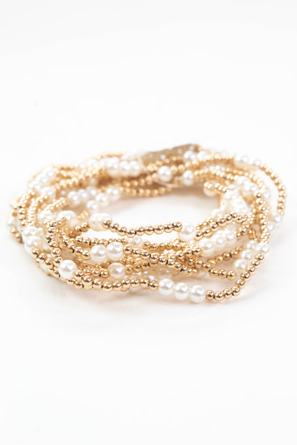 Skyler Beaded Pearl Stretch Bracelets, Gold Pearl