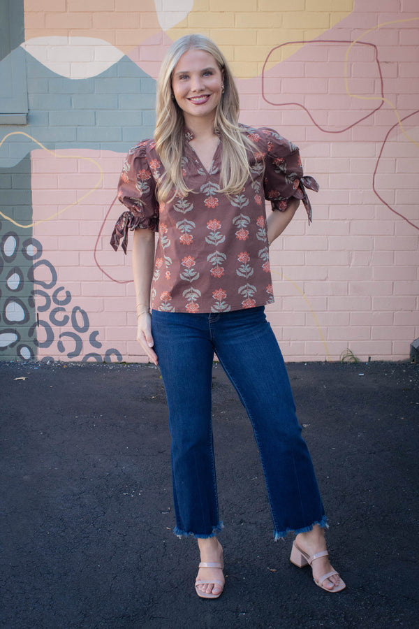 Athena Floral Print Ruffle Neck Top, Brown