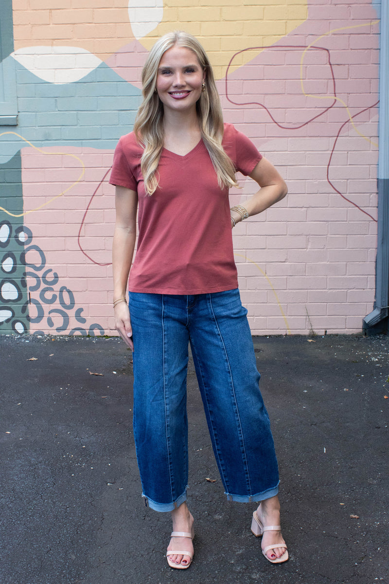 Tatum Cotton Jersey V-Neck Tee, Chili Oil