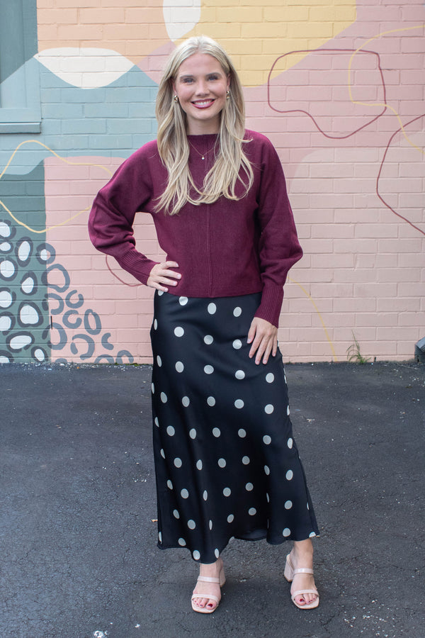 Sloane Satin Polka Dot Midi Skirt, Black-Cream Dot