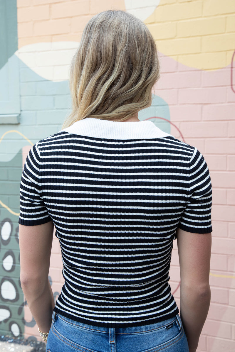 Anne Striped Split Neck Sweater Top, Black