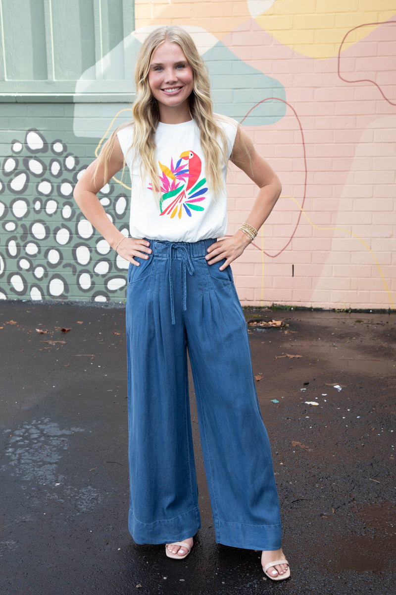Lexi Abstract Bird Print Muscle Tee, Off White