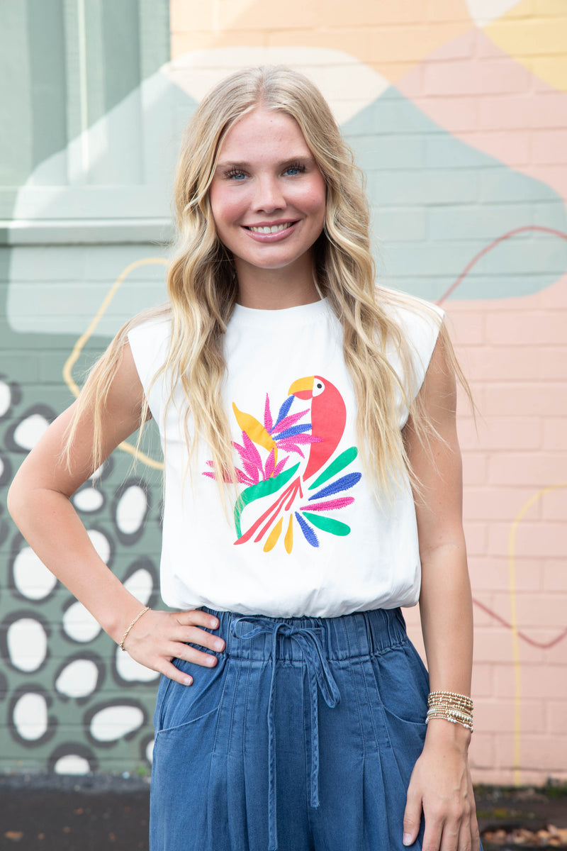 Lexi Abstract Bird Print Muscle Tee, Off White