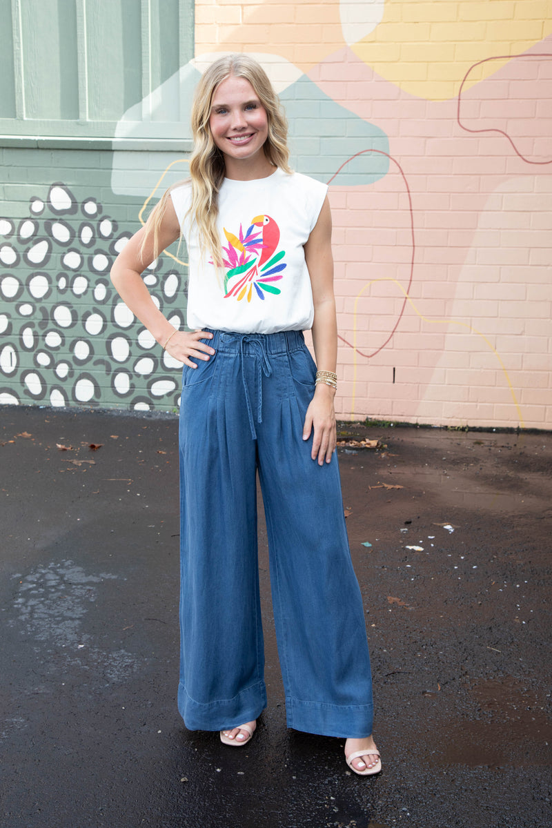 Lexi Abstract Bird Print Muscle Tee, Off White
