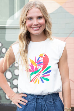 Lexi Abstract Bird Print Muscle Tee, Off White