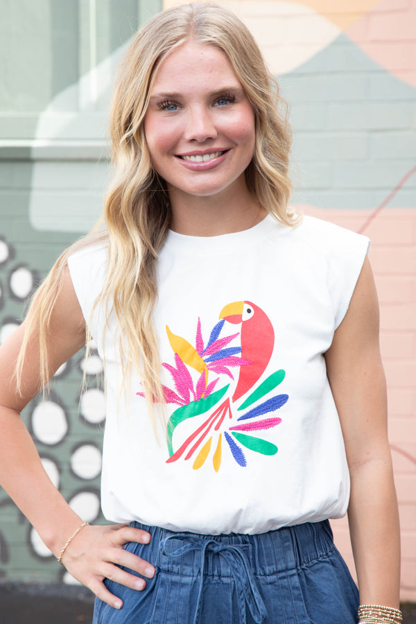 Lexi Abstract Bird Print Muscle Tee, Off White