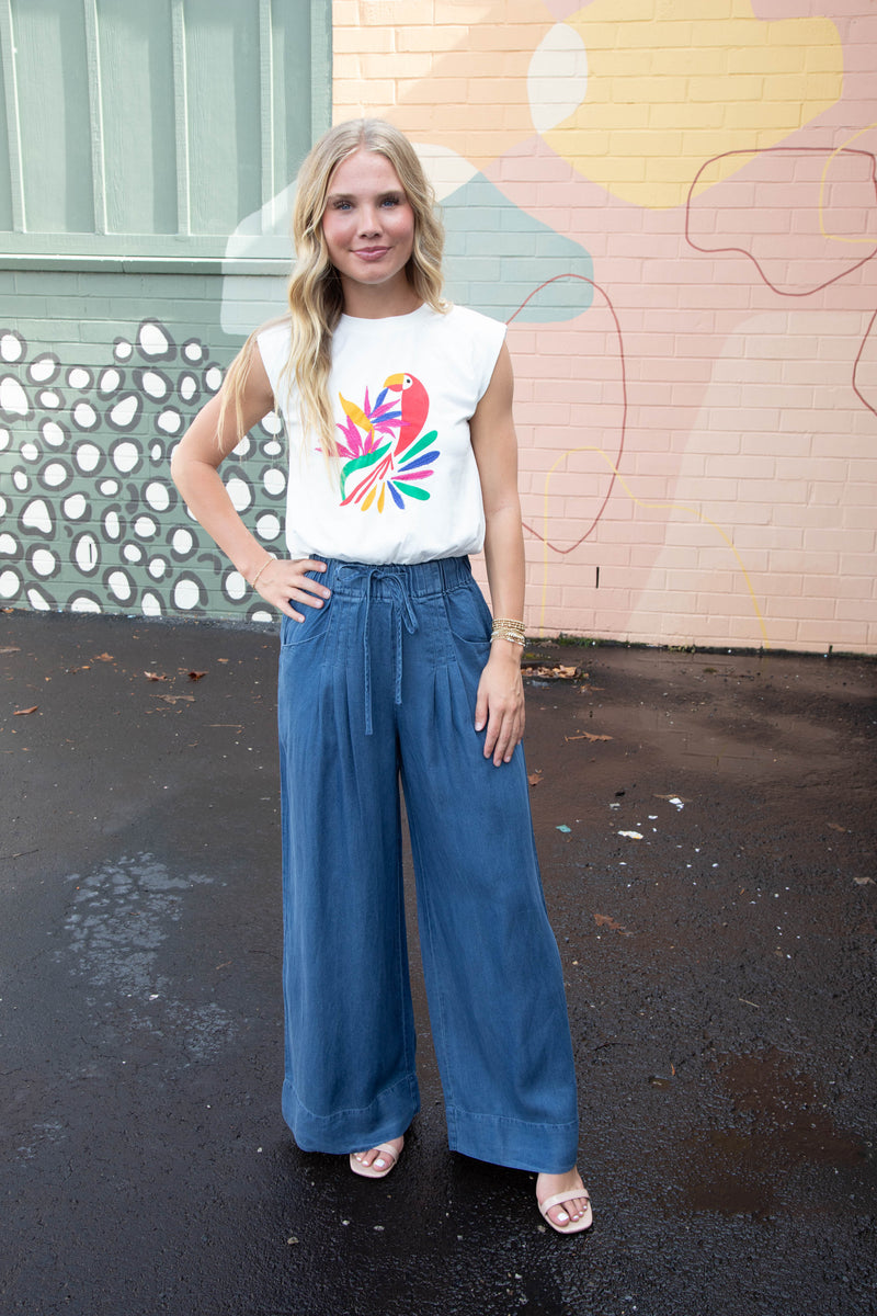 Lexi Abstract Bird Print Muscle Tee, Off White