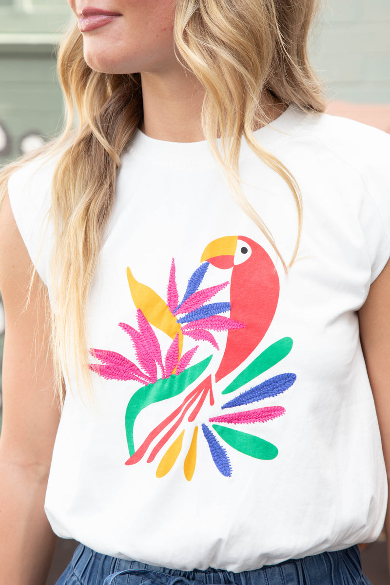 Lexi Abstract Bird Print Muscle Tee, Off White