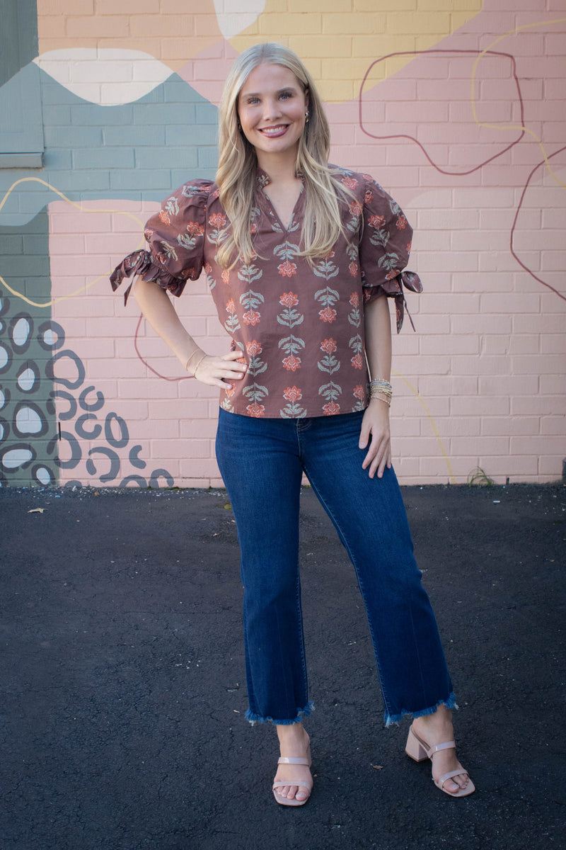Athena Floral Print Ruffle Neck Top, Brown